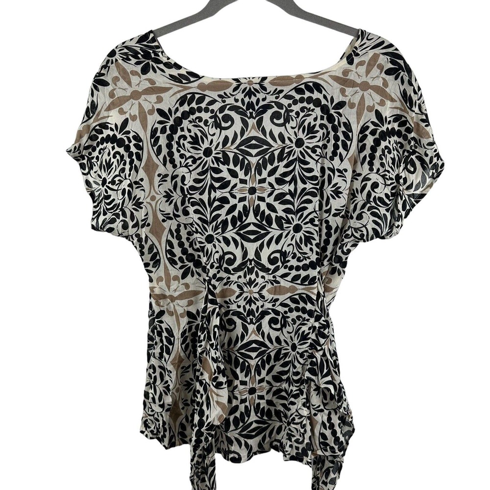 ODILE Anthropologie Sz 2 Blouse Top Black Beige Floral Front Tie Workwear Shirt - Picture 7 of 8